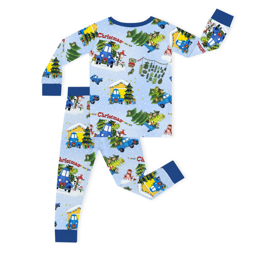 Christmas Blue Car Farm Kids Bamboo Two-Piece Pajama Set