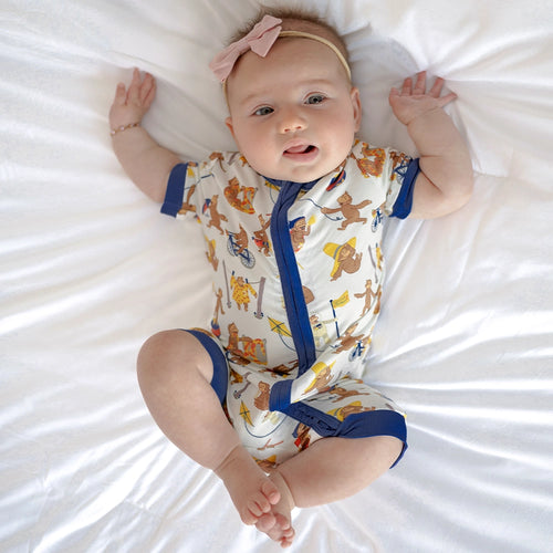 Curious Monkey White Baby Bamboo Short Zipper Romper Pajamas