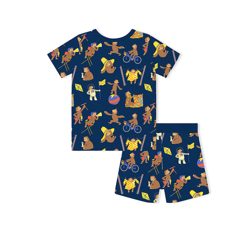 Curious Monkey Blue Kids Bamboo Short Two-Piece Pajama Set