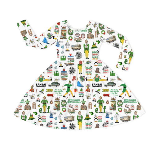 Christmas Little Green Elf Stage Kids Bamboo Long Sleeves Dress