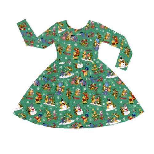 Christmas Bear and Animal Pals on Holly Green Kids Bamboo Long Sleeves Dress