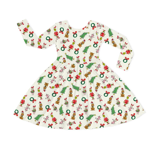 Christmas Green Face Pals and Tree Kids Bamboo Long Sleeves Dress