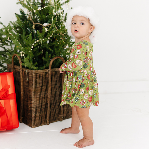 Christmas Green Face Baubles Twirl Dress With Bodysuit