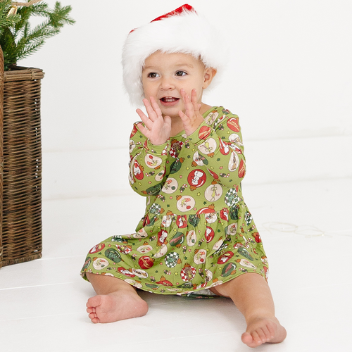 Christmas Green Face Baubles Twirl Dress With Bodysuit