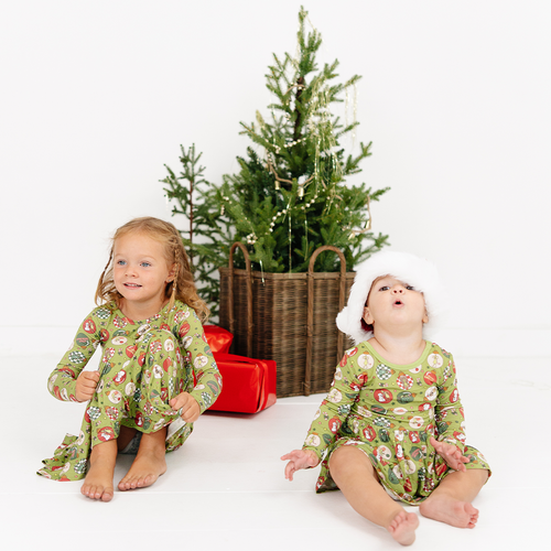 Christmas Green Face Baubles Kids Bamboo Long Sleeves Dress