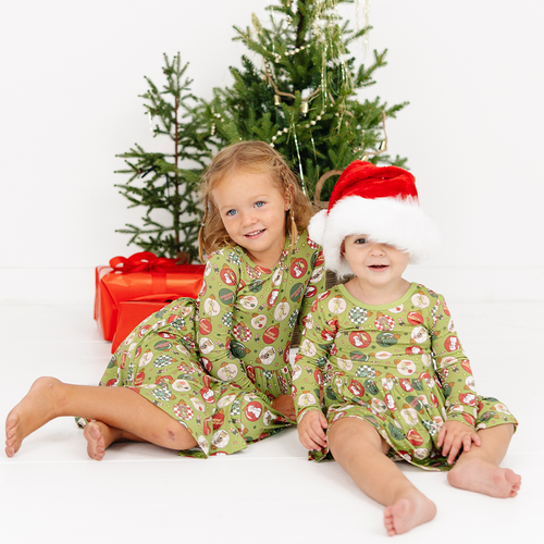 Christmas Green Face Baubles Kids Bamboo Long Sleeves Dress