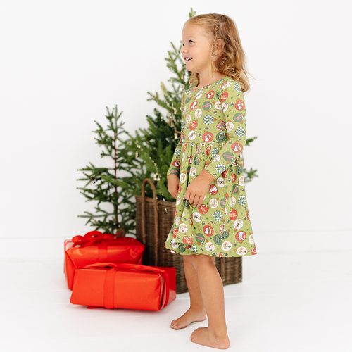 Christmas Green Face Baubles Kids Bamboo Long Sleeves Dress