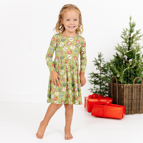 Christmas Green Face Baubles Kids Bamboo Long Sleeves Dress