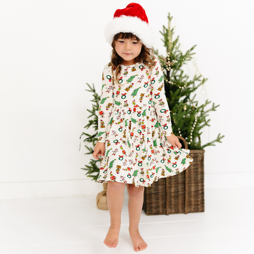 Christmas Green Face Pals and Tree Kids Bamboo Long Sleeves Dress
