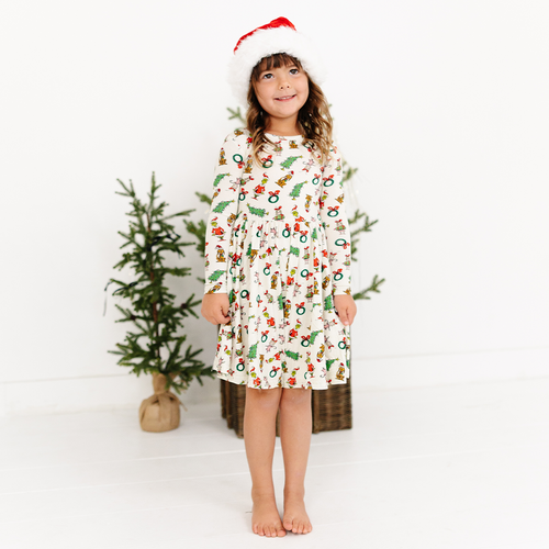 Christmas Green Face Pals and Tree Kids Bamboo Long Sleeves Dress