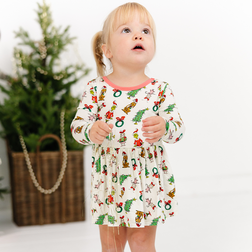 Christmas Green Face Pals and Tree Long Sleeve Twirl Dress With Bodysuit