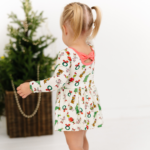 Christmas Green Face Pals and Tree Long Sleeve Twirl Dress With Bodysuit