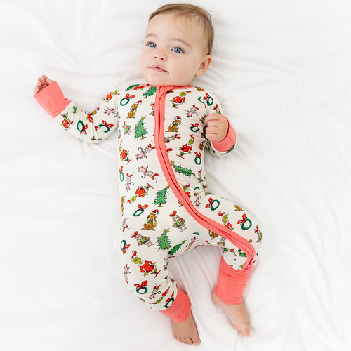 Christmas Green Face Pals and Tree Baby Bamboo Zipper Romper Pajamas