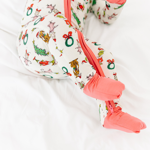 Christmas Green Face Pals and Tree Baby Bamboo Zipper Romper Pajamas