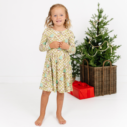 Christmas Green Face Stole Gift Plaid Kids Bamboo Long Sleeves Dress