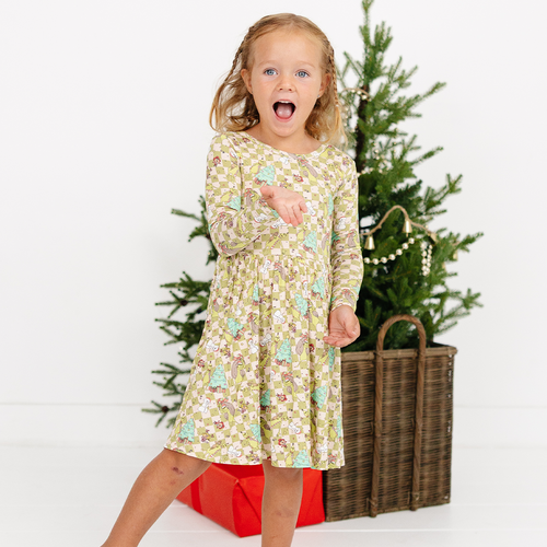 Christmas Green Face Stole Gift Plaid Kids Bamboo Long Sleeves Dress