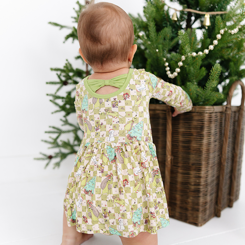 Christmas Green Face Stole Gift Plaid Twirl Dress With Bodysuit