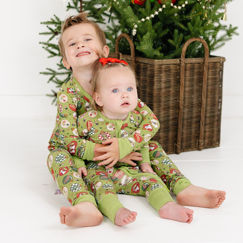 Christmas Green Face Baubles Kids Bamboo Two-Piece Pajama Set