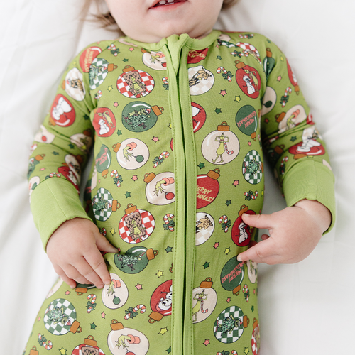 Christmas Green Face Baubles Baby Bamboo Zipper Romper Pajama