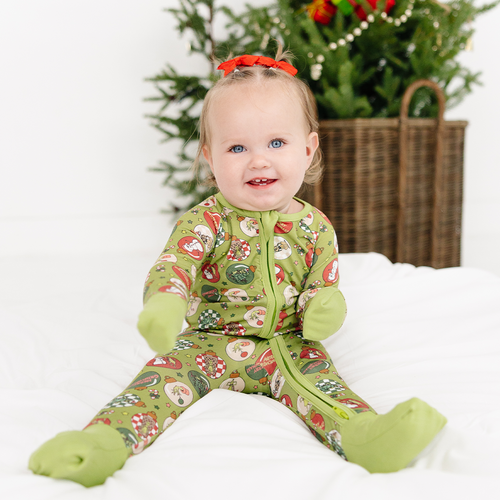 Christmas Green Face Baubles Baby Bamboo Zipper Romper Pajama