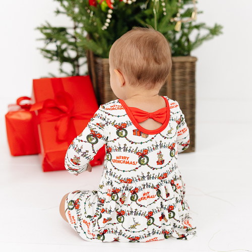 Christmas Green Face Cheer Long Sleeve Twirl Dress With Bodysuit