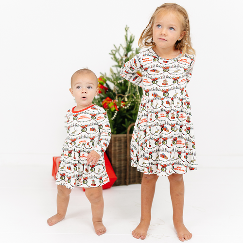 Christmas Green Face Cheer Long Sleeve Twirl Dress With Bodysuit