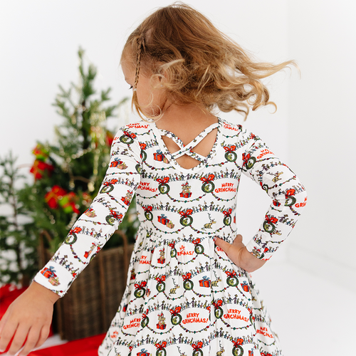 Christmas Green Face Cheer Kids Bamboo Long Sleeves Dress