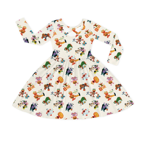 Halloween Street Furry Pals Green Kids Bamboo Long Sleeves Dress