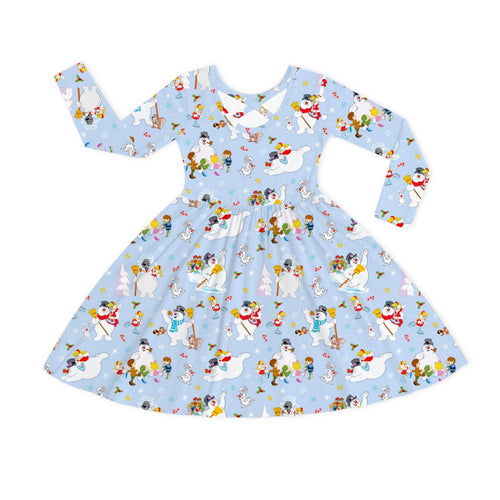 Christmas Woodland Snowman and Friends Kids Bamboo Long Sleeves Dress