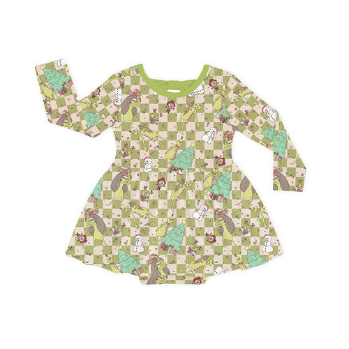 Christmas Green Face Stole Gift Plaid Twirl Dress With Bodysuit