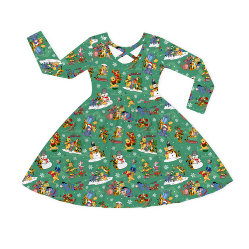 Christmas Bear and Animal Pals on Holly Green Kids Bamboo Long Sleeves Dress