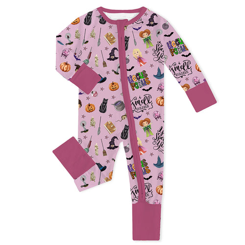 Halloween Witch Sisters Smell Children Purple Baby Bamboo Zipper Romper Pajamas