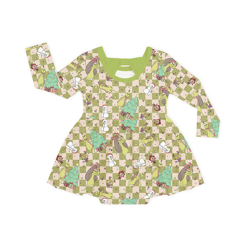 Christmas Green Face Stole Gift Plaid Twirl Dress With Bodysuit