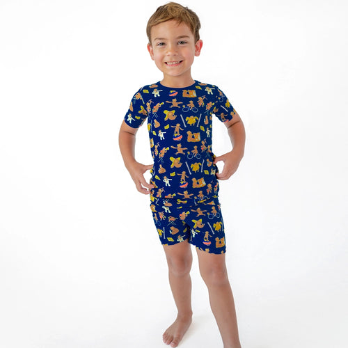 Curious Monkey Blue Kids Bamboo Short Two-Piece Pajama Set