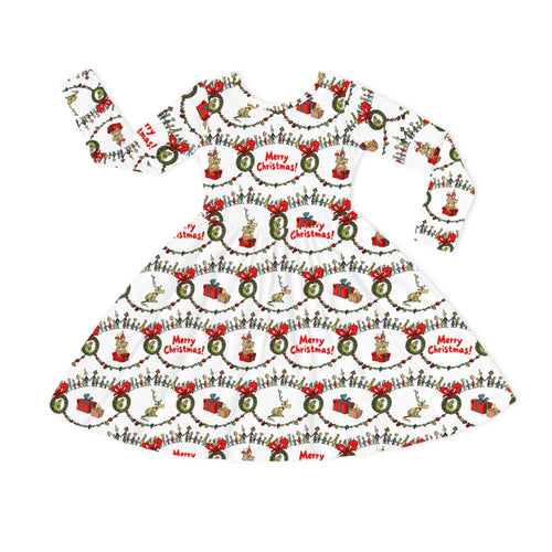 Christmas Green Face Cheer Kids Bamboo Long Sleeves Dress