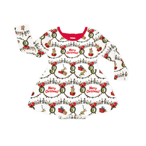 Christmas Green Face Cheer Long Sleeve Twirl Dress With Bodysuit