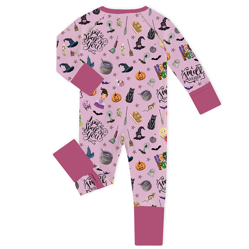 Halloween Witch Sisters Smell Children Purple Baby Bamboo Zipper Romper Pajamas