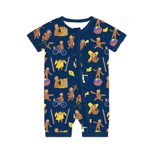 Curious Monkey Blue Baby Bamboo Short Zipper Romper Pajamas