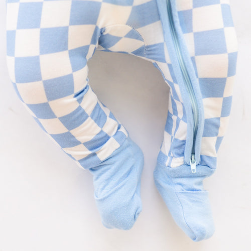 Bamboo Newborn Zippered Bodysuit with Blue Checkerboard Design