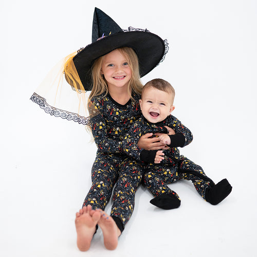 Halloween Witch Sisters Baby Bamboo Zipper Romper Pajamas