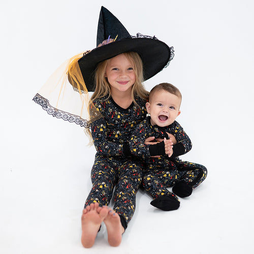 Halloween Witch Sisters Baby Bamboo Zipper Romper Pajamas