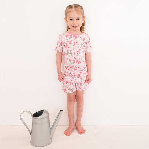 Valentine's Day Bow Cat Kids Bamboo Short Two-Piece Pajama Set