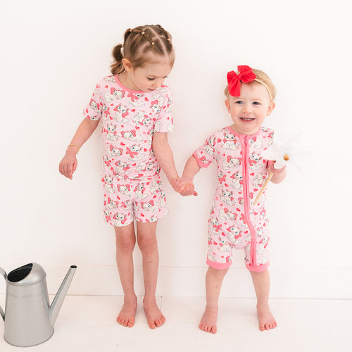 Valentine's Day Bow Cat Kids Bamboo Short Two-Piece Pajama Set