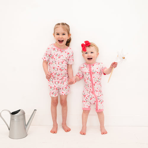 Valentine's Day Bow Cat Kids Bamboo Short Two-Piece Pajama Set