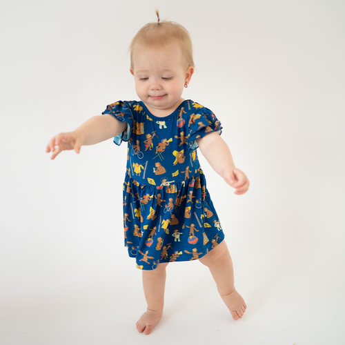 Curious Monkey Blue Twirl Dress With Bodysuit