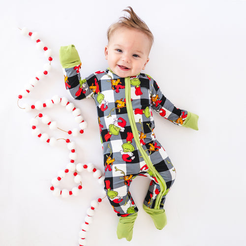 Christmas Green Guy Plaid Baby Bamboo Zipper Romper