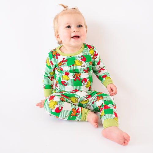 Christmas Plaid Green Guy Kids Bamboo 2 Pieces Pajama Set
