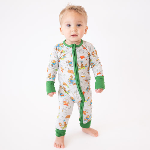 Father's & Mother's Day Bear Family Green Baby Bamboo Zipper Romper Pajamas