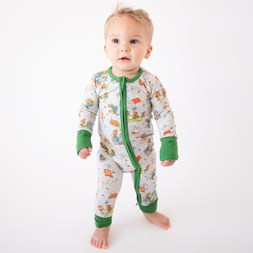 Father's & Mother's Day Bear Family Green Baby Bamboo Zipper Romper Pajamas