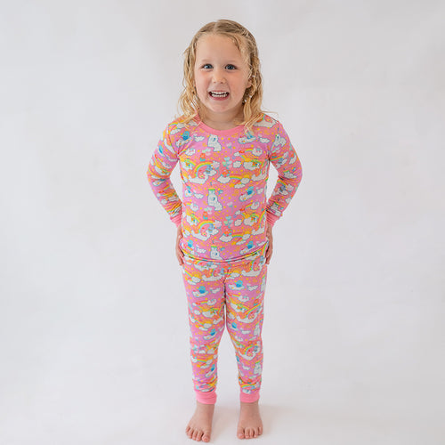 Cartoon Bear Gradient Rainbow Kid Bamboo Two-Piece Pajama Set